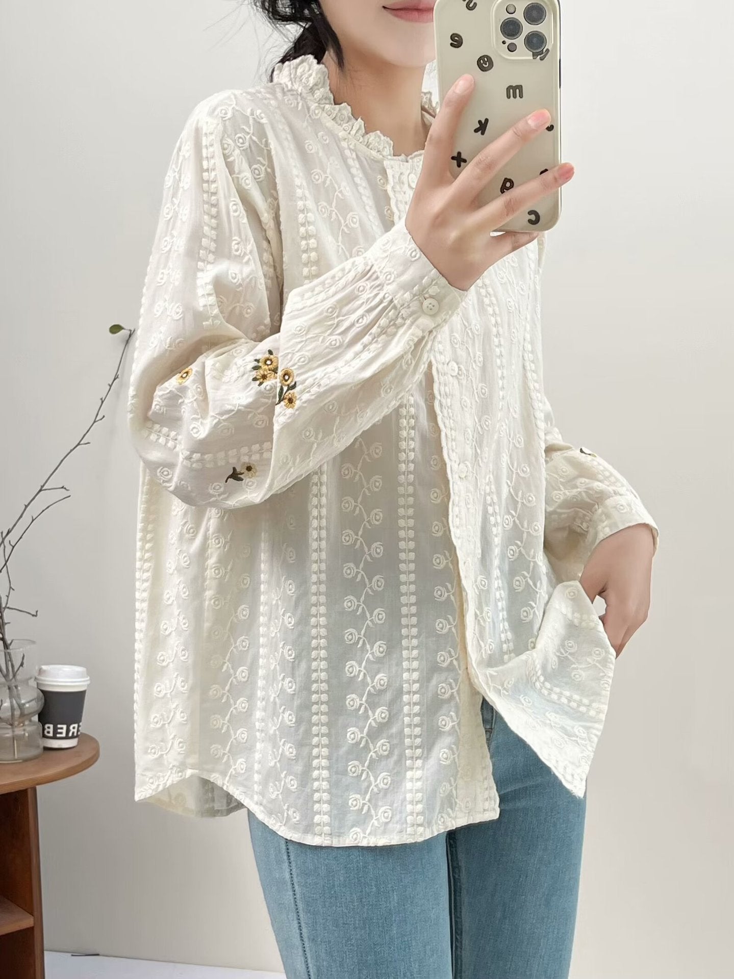 Japanese Style New Literary Solid Color Lace Long-sleeved Shirt