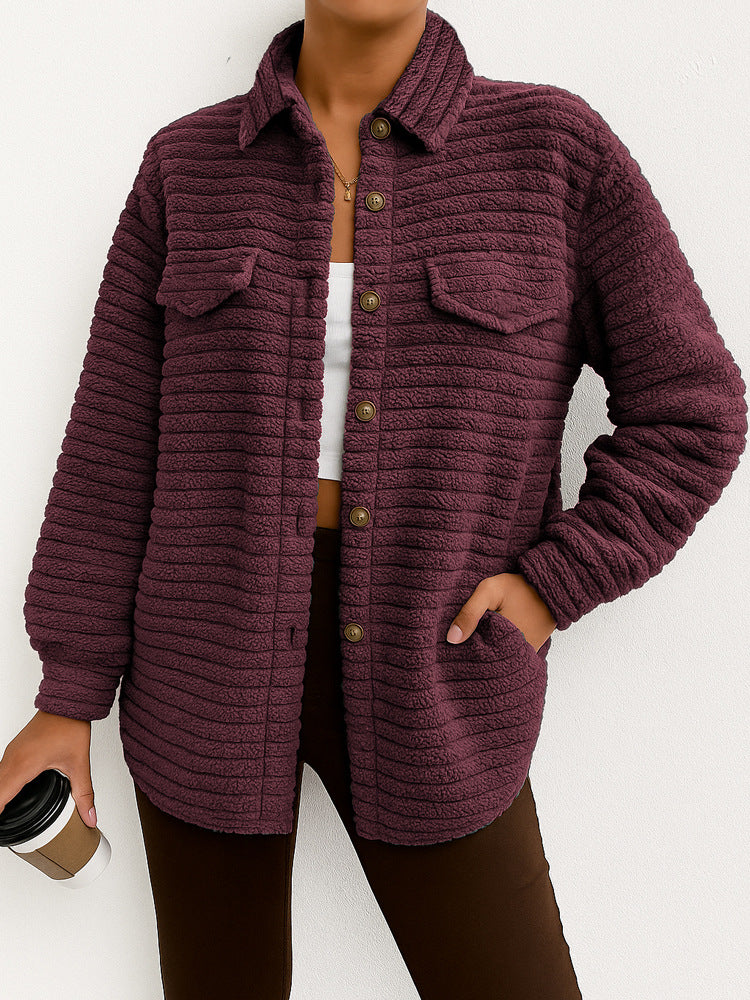 Casual Loose Fashion Striped Long Sleeves Cardigan Lapel Plush Coat