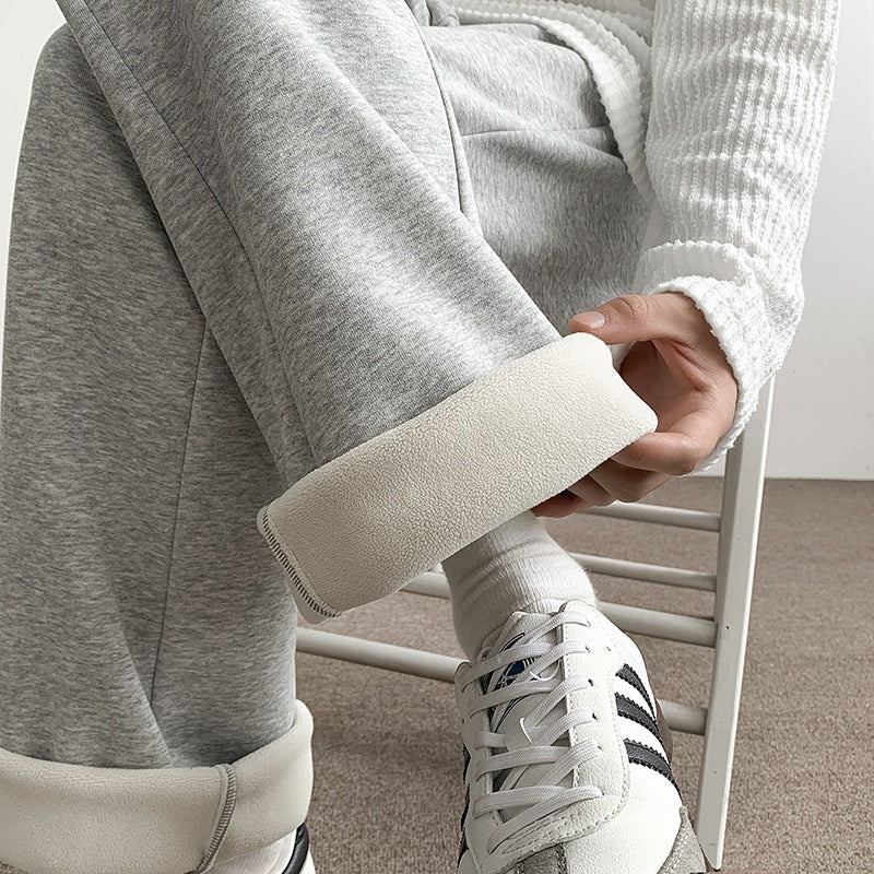 Loose Velvet Thickened Gray Knit Casual Pants