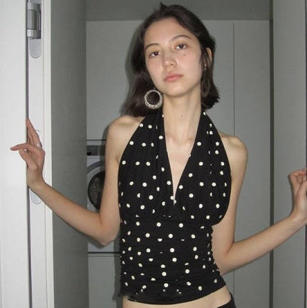 Sexy Hot Girl French Temperament Polka Dot V-neck Halter Tank Top