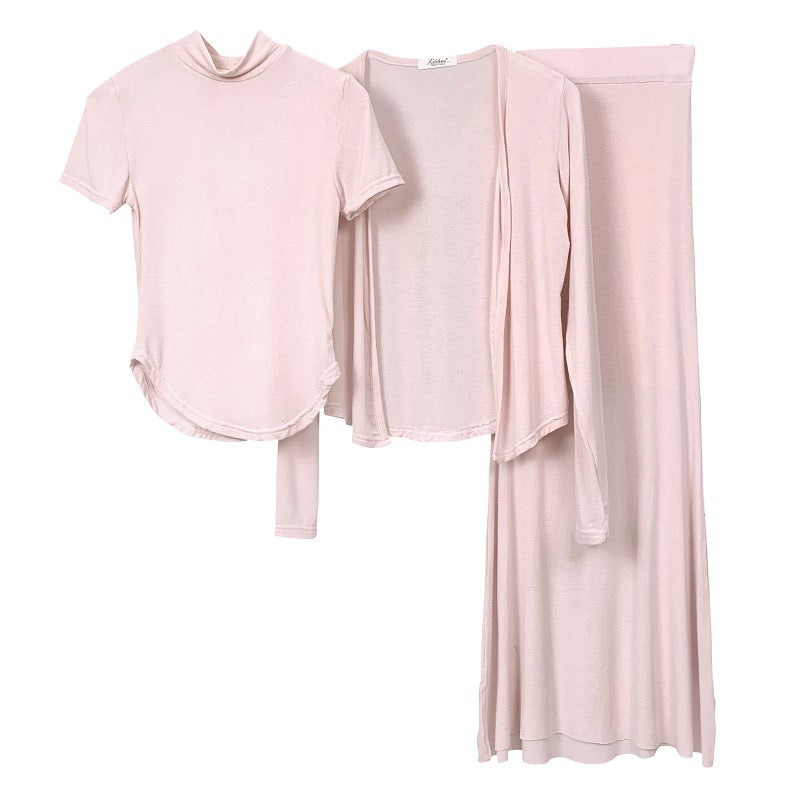 Semi-high Neck Short-sleeve T-shirt Cardigan Fishtail Skirt Three-piece Set For Women