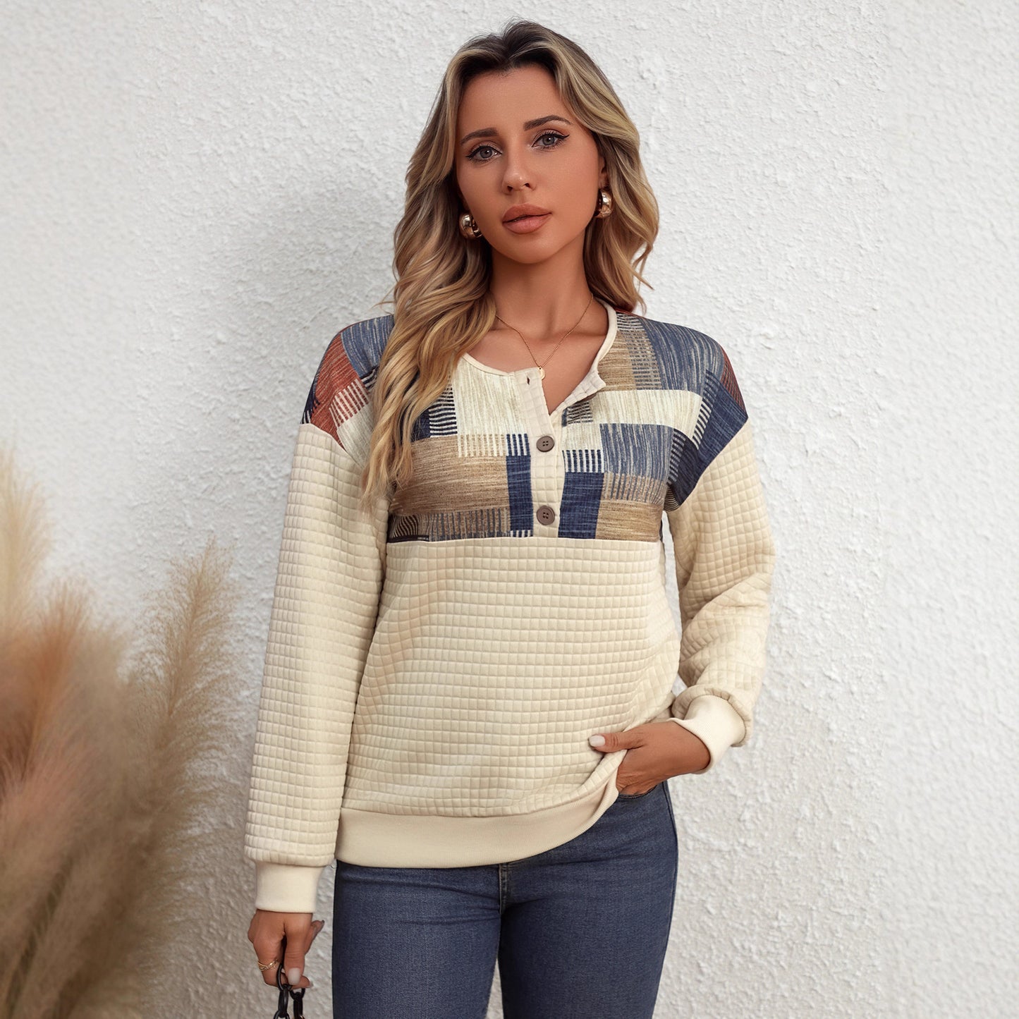 Female Casual Versatile Color-blocked Loose V-neck Top
