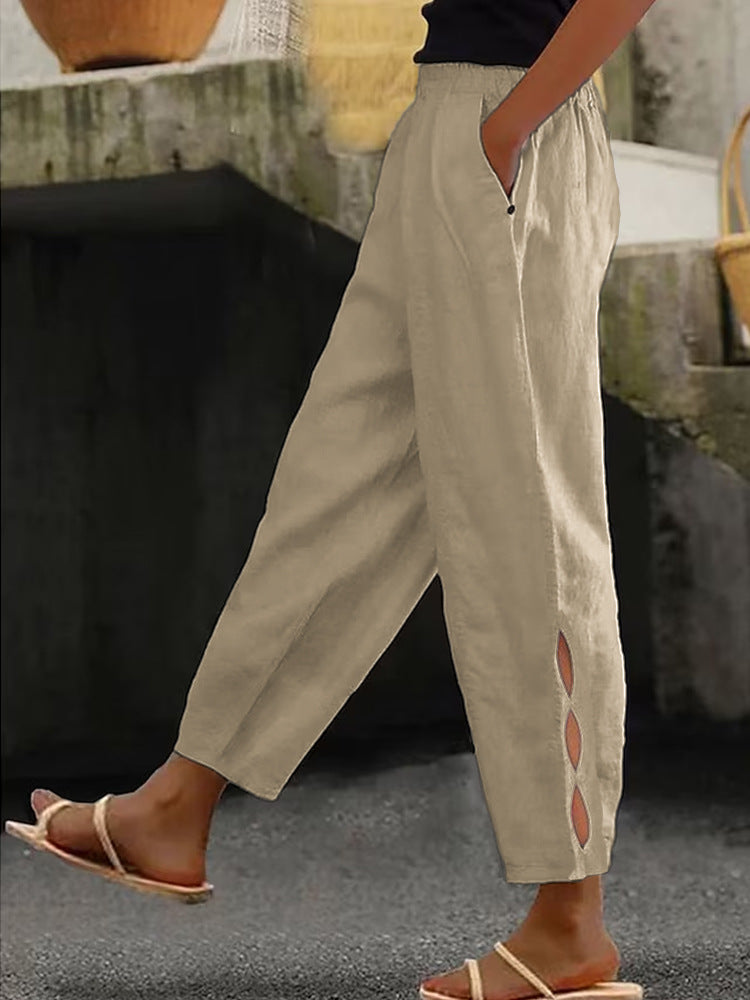 Hollow-Out Ankle Detail Trousers - Button-Adorned Bottom Hem Pants For Women Summer Daily Wear