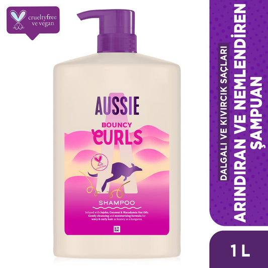 Aussie Bouncy Curls schampo 1 000 ml, skonsam rengöring och fukt för vågigt och lockigt hår, med jojoba, kokos och australiska macadamianötter, silikonfri, vegansk och djurförsöksfri