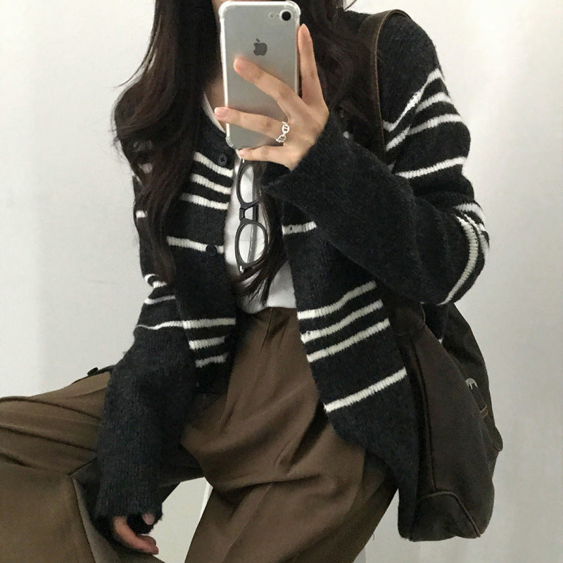 Retro Contrast Color Striped Sweater Coat Knitted Cardigan