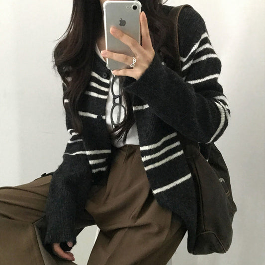 Retro Contrast Color Striped Sweater Coat Knitted Cardigan
