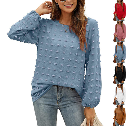 Fashion Jacquard Langærmet Rundhalset T-shirt Afslappet Løs Pullover Top Dametøj
