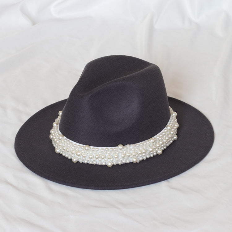 Handmade Pearl Top Hat Big Brim Fur Felt Hat