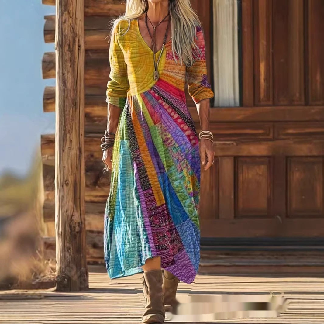 Womens 3D-printed V-neck Long-sleeve Dress