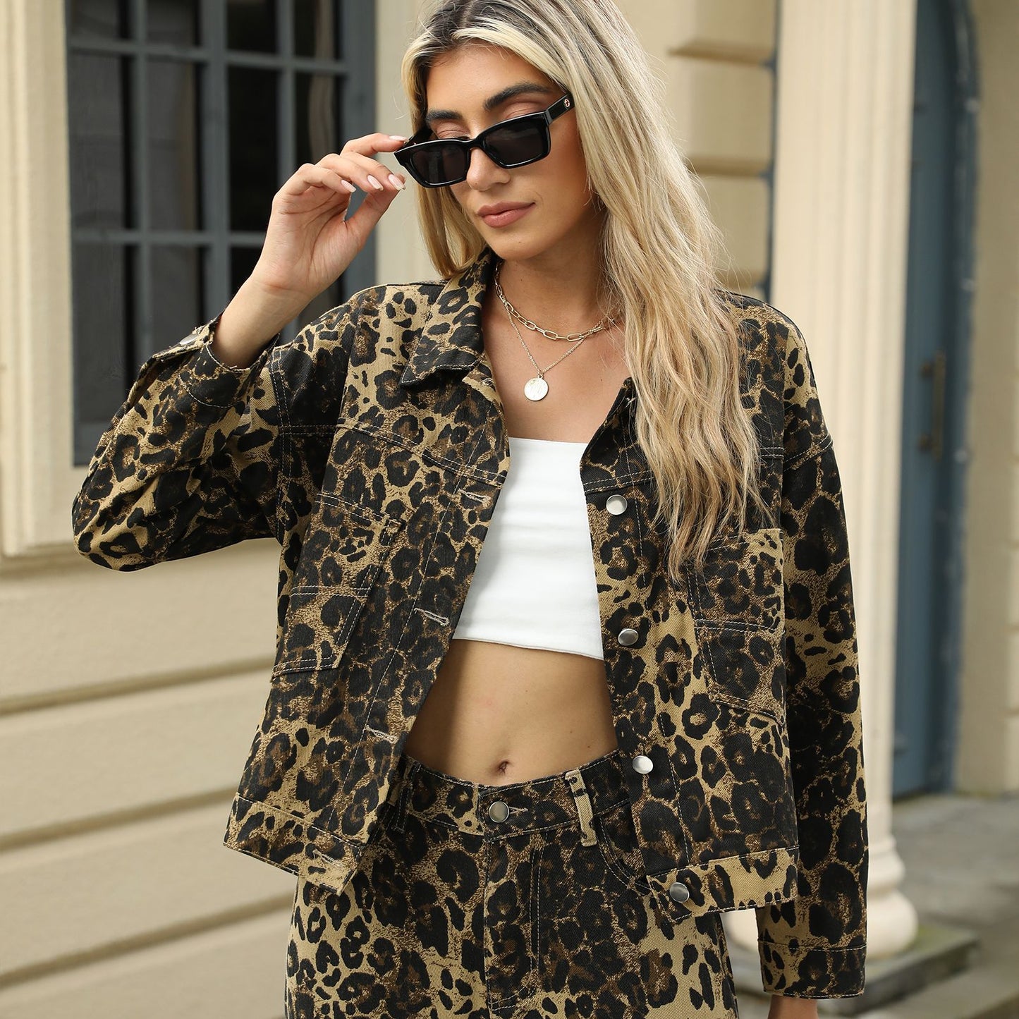 Washed Leopard Print Denim Coat Jacket