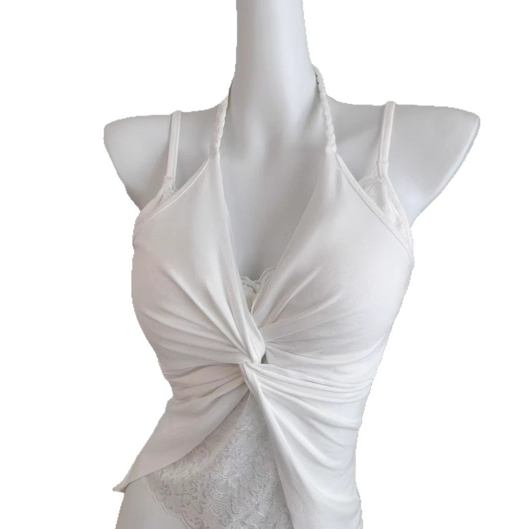 Womens White Halterneck Camisole With Built-in Padded Cups For Summer