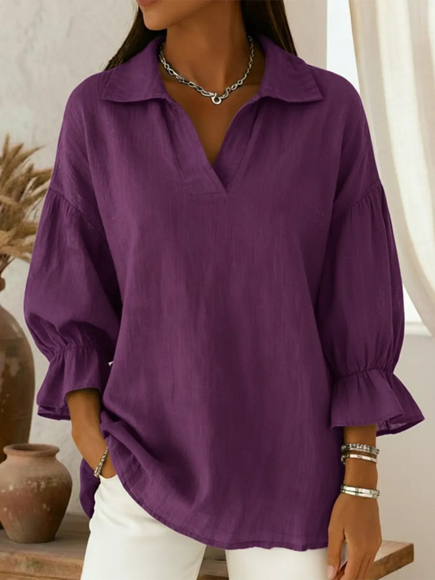 Casual Relaxed-fit Fashionable Long-sleeve Top With A Turn-down Collar