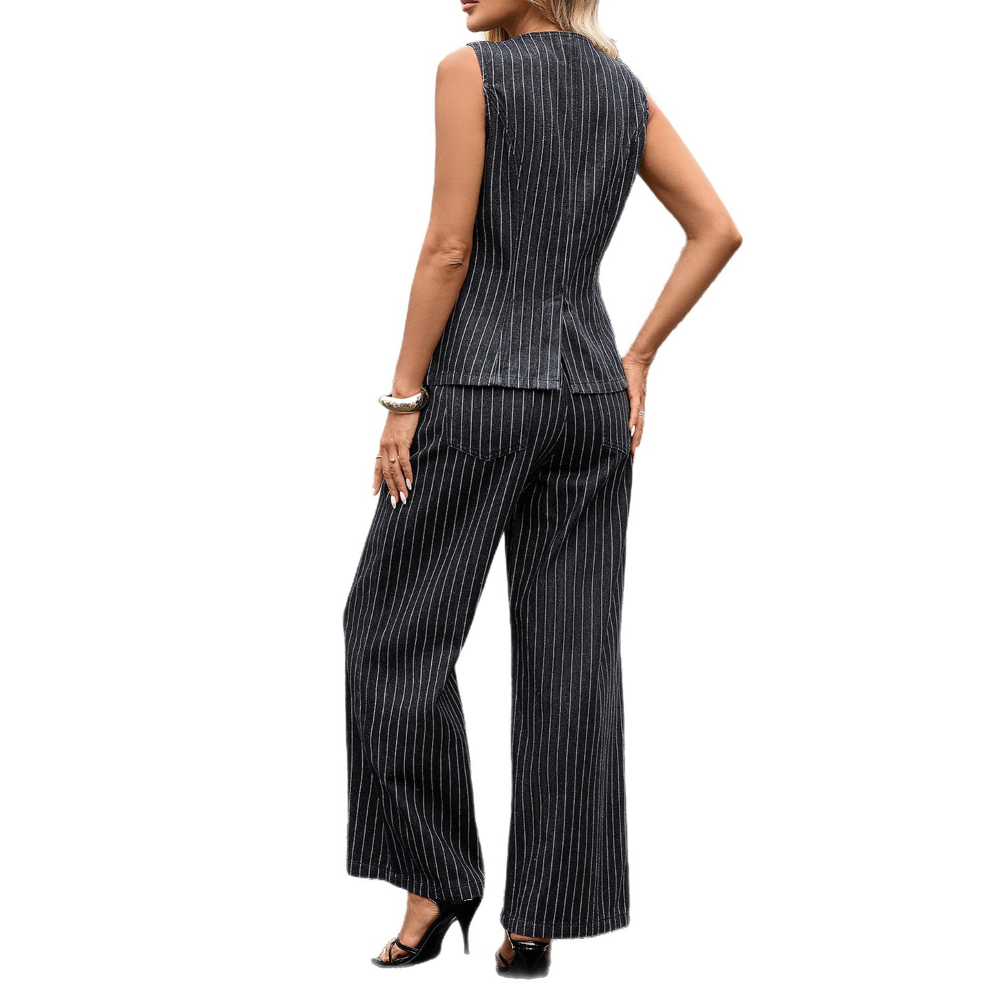 Women's Autumn New Washed Casual Striped Sleeveless Denim Suit