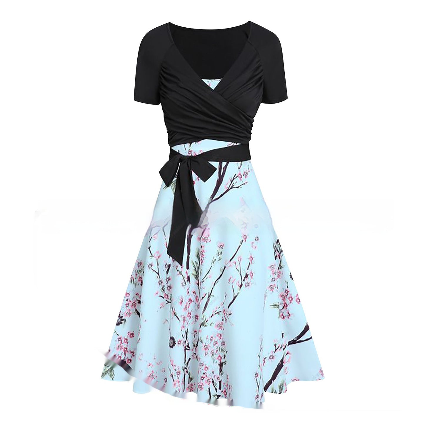 Women's Summer V-neck Short-sleeved Printed Dress Two-piece Set