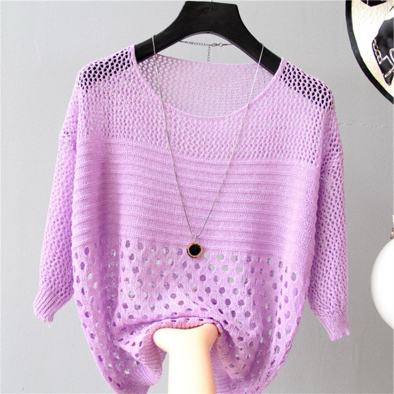 New Women's Loose Scoop Neck Thin Hollow Knit Blouse