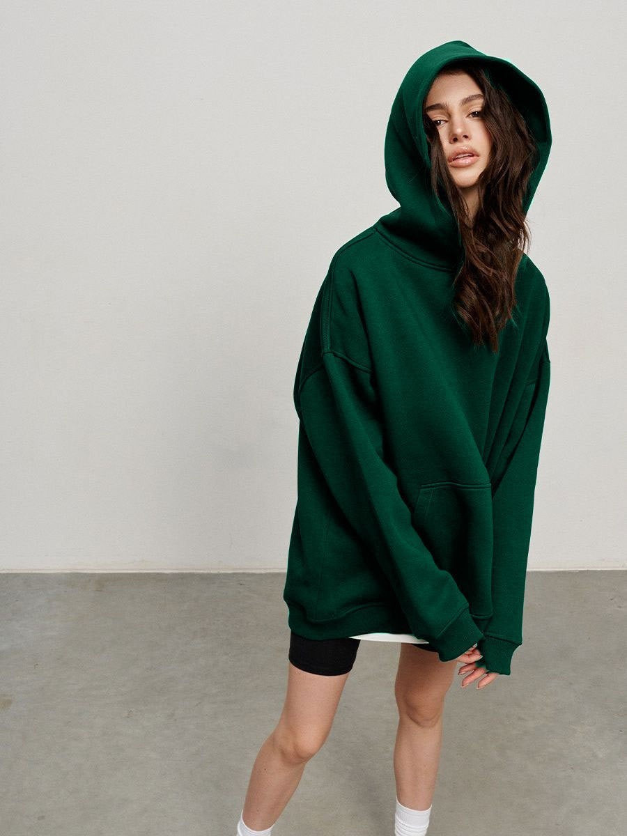 Women's Fleece-lined Bathroom Solid Color Clothing Word Kangaroo Pocket Drawstring Hoodie
