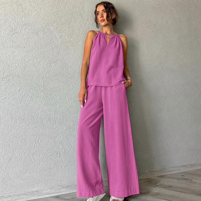 Khaki Cotton-Linen Hollowed-Out Lace-Up Sleeveless Halter Vest And Wide-Leg Pants Set
