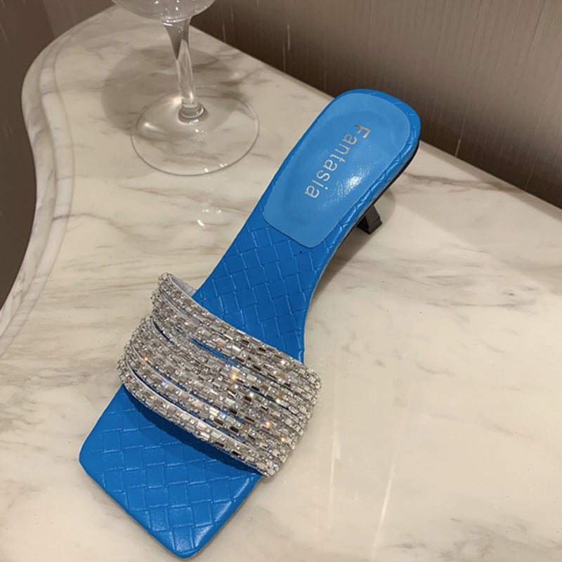 Korean Style Flip Flops Rhinestone Slippers Woven Pattern Toe Stiletto