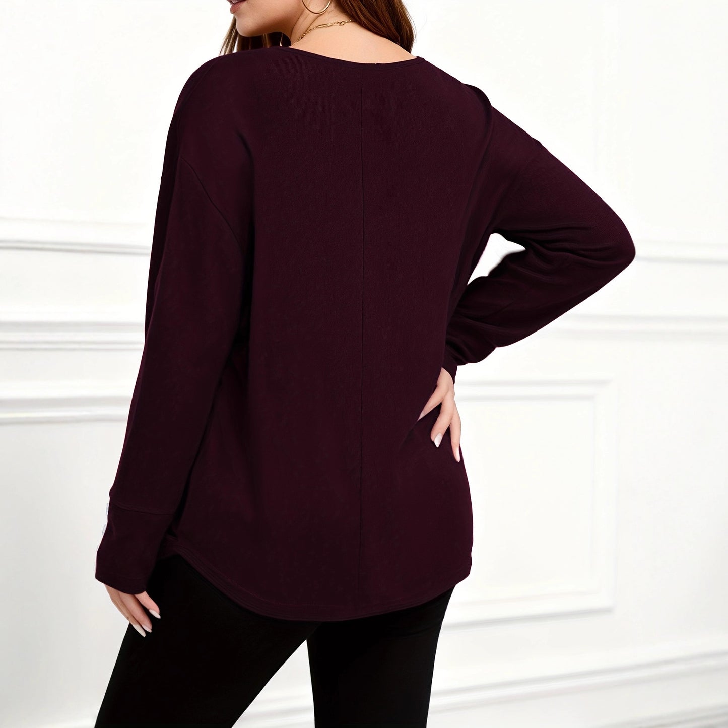 Casual Plus-size Women's Solid-color Long-sleeve Top