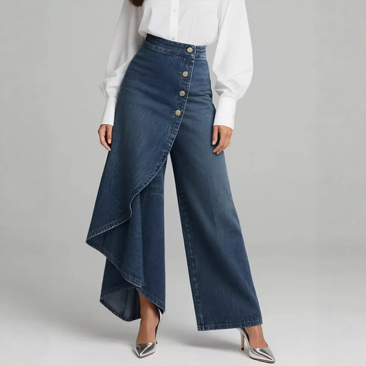 Unikke lige ben bukser mode store flæseknapper bukser dame imiteret jeans tøj