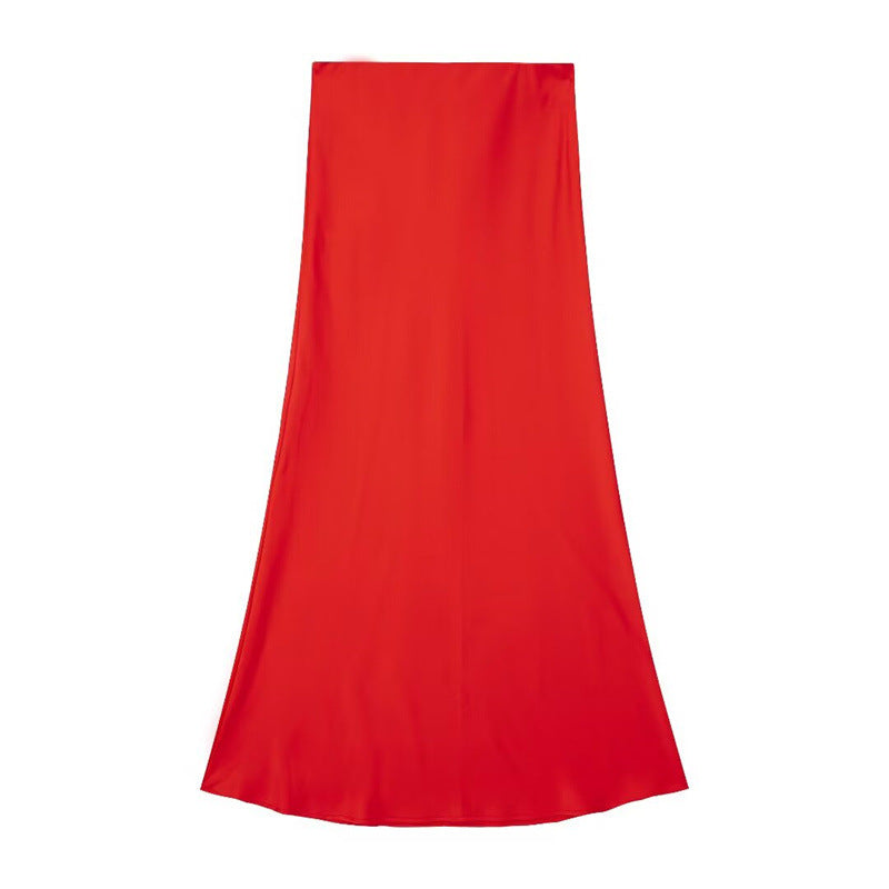 Solid Color Slim Silk Satin Texture Midi Skirt