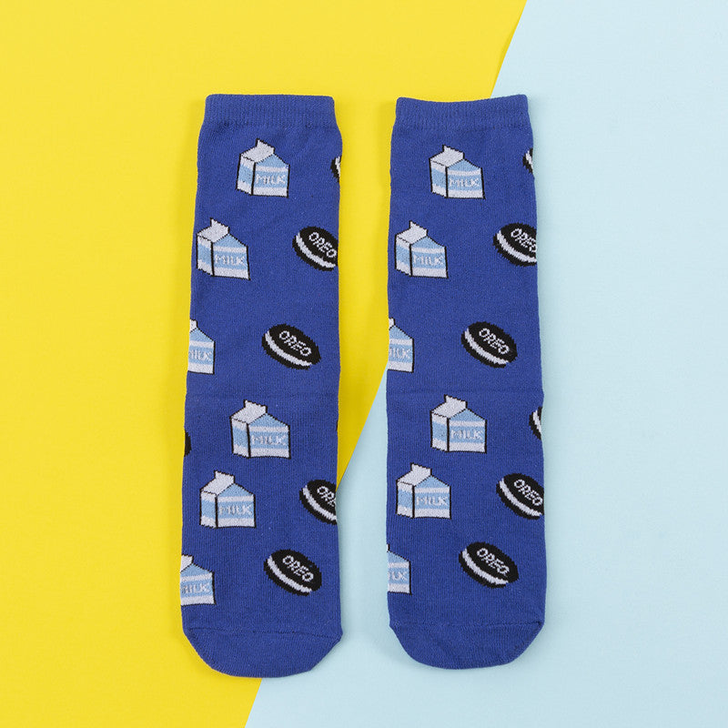 Avocado Chips Egg Fun Patchwork Color Medium Tube Cotton Socks Female