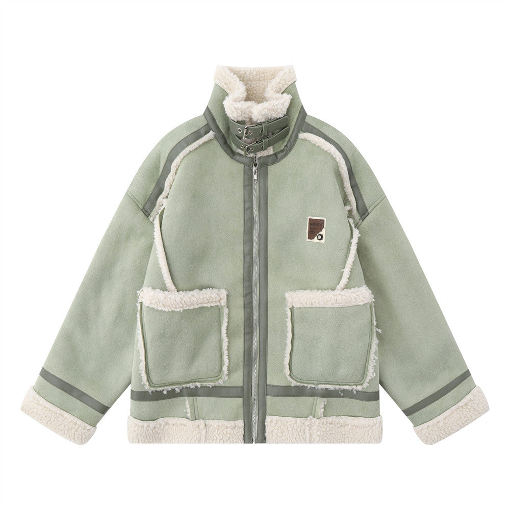Lamb Wool Stand-up Collar Cotton-padded Clothes Stitching Fur Coat