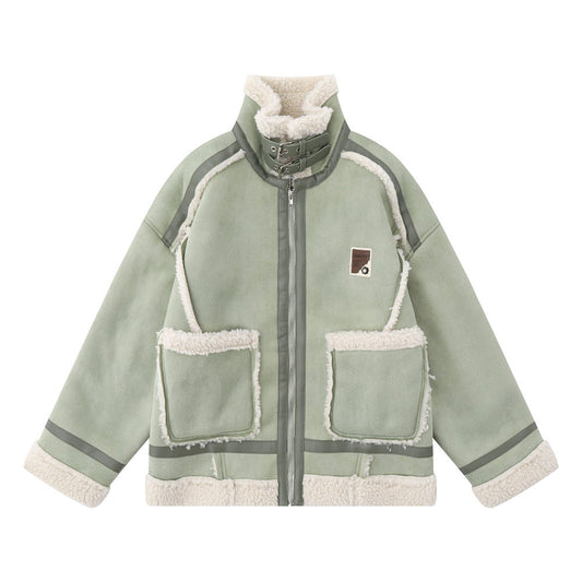 Lamb Wool Stand-up Collar Cotton-padded Clothes Stitching Fur Coat