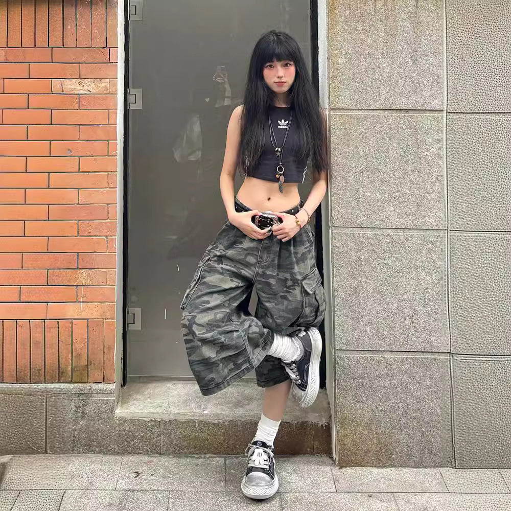 Summer Fashion All-matching High Waist Loose Straight Cargo Cropped Pants