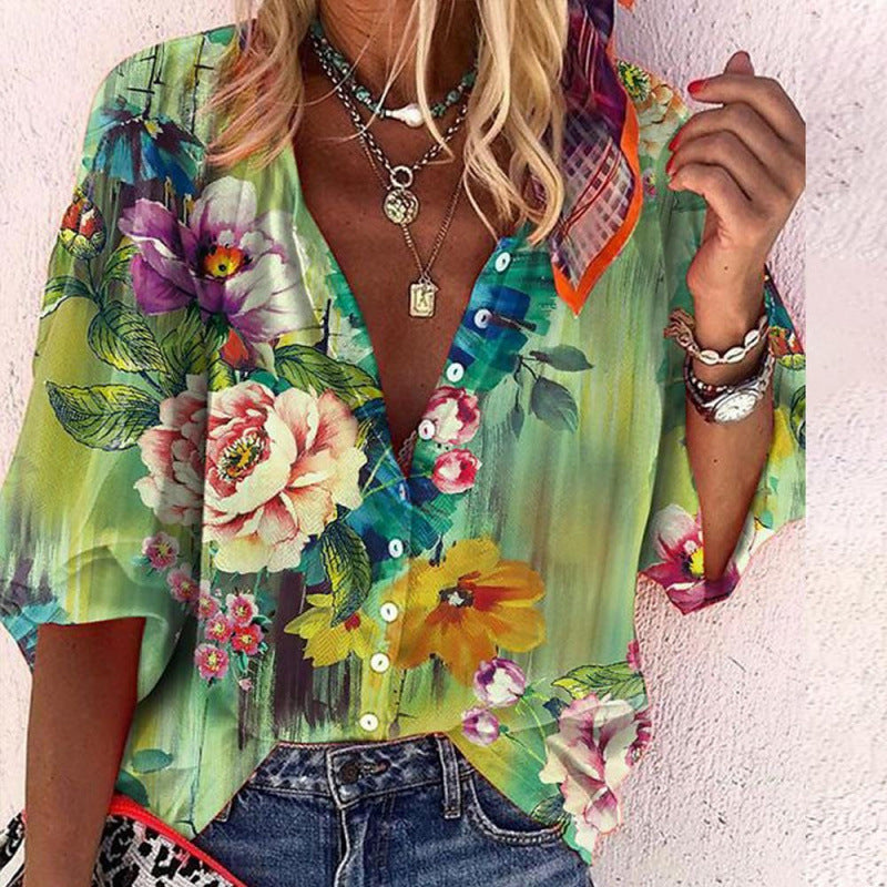 Floral-print Long-sleeve Top Fashionable V-neck Blouse For Women 3D