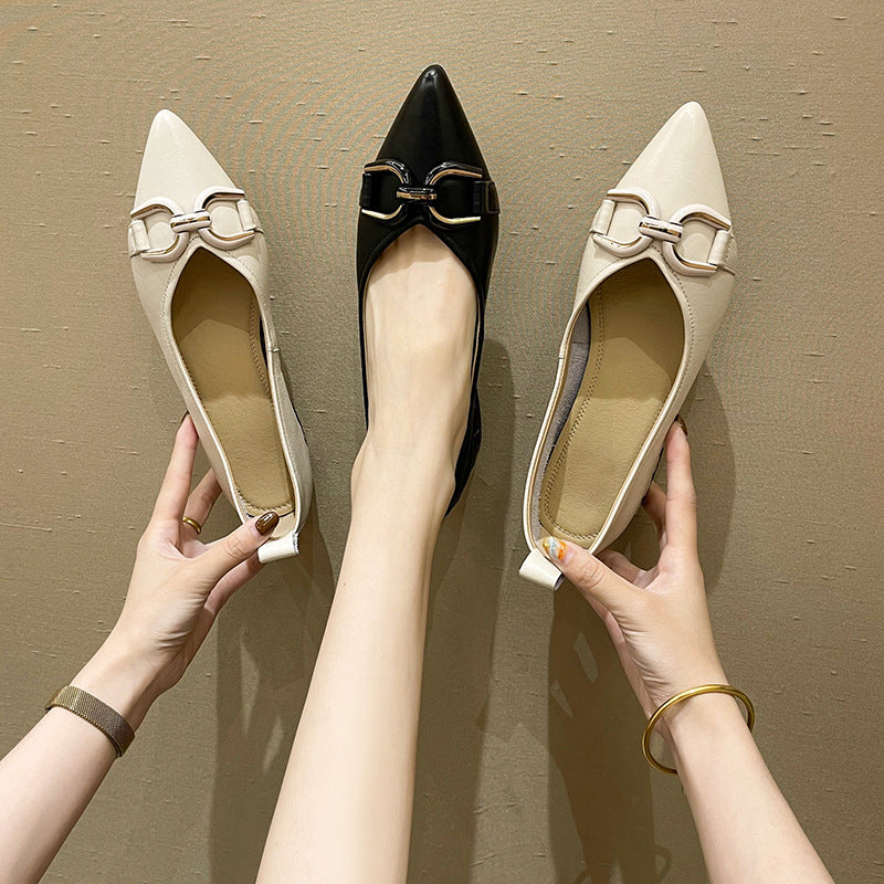 Leather All-match Metal Buckle Summer Flat With Shallow Pointed Toe