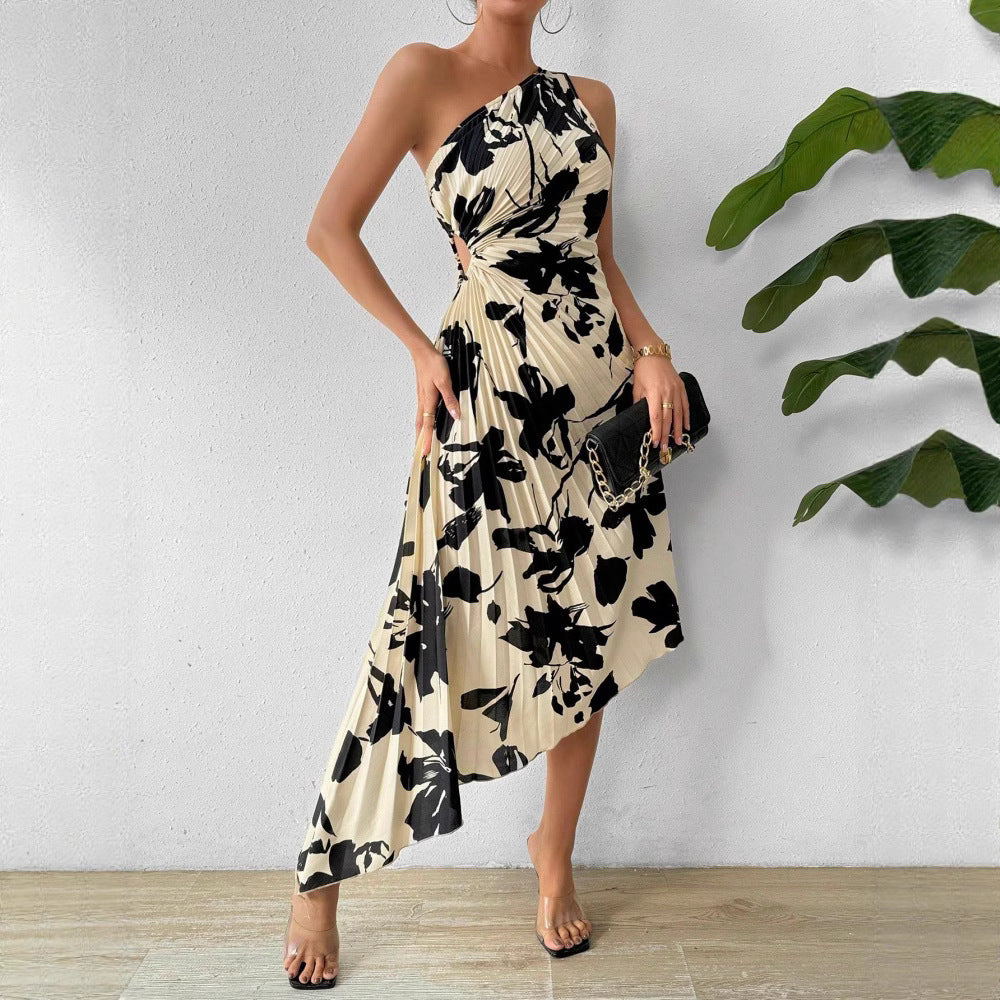 Long Sleeveless Mid-length Dress With An Irregular Leaf Print