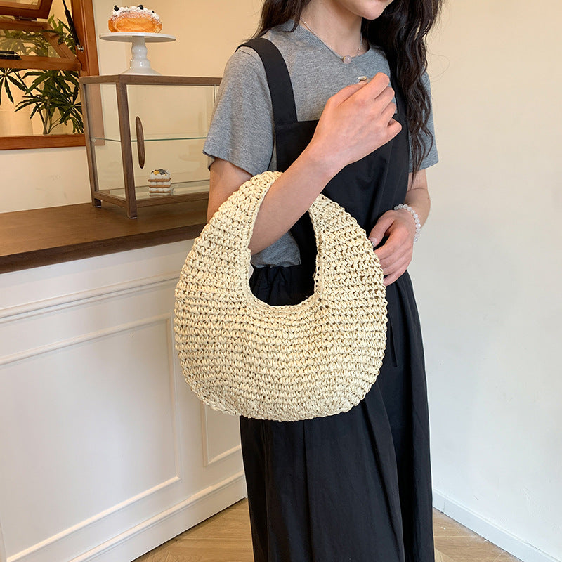 Beach-style Straw Sand Beach Bag Solid-color Crescent-shaped Tote