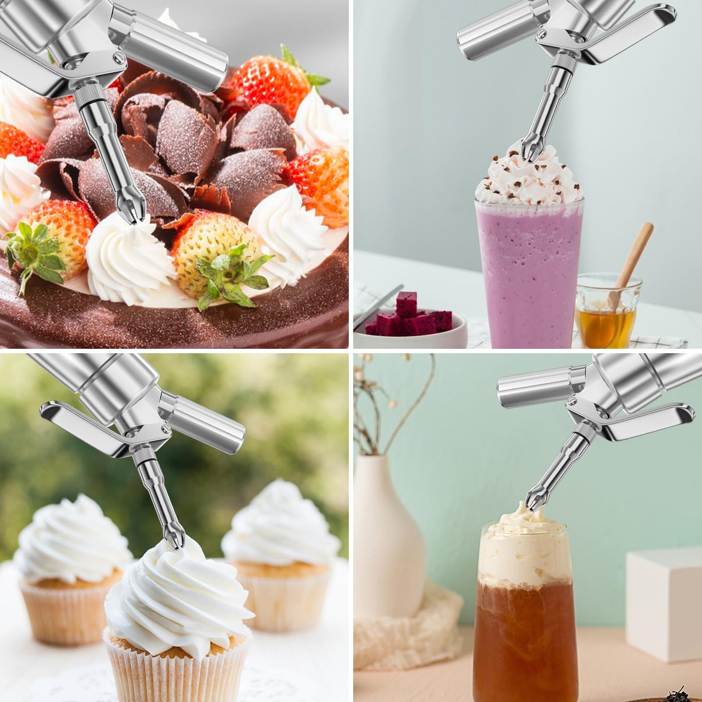 Newaner 500 ml grädddispenser/gräddsifon av aluminium med 3 dekorationsmunstycken av rostfritt stål och 1 rengöringsborste, läckagesäker, för beredning av vispgrädde, kräm, mousse och desserter
