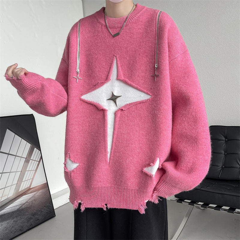 Round Neck Loose Chic Contrasting Design Sweater For Men