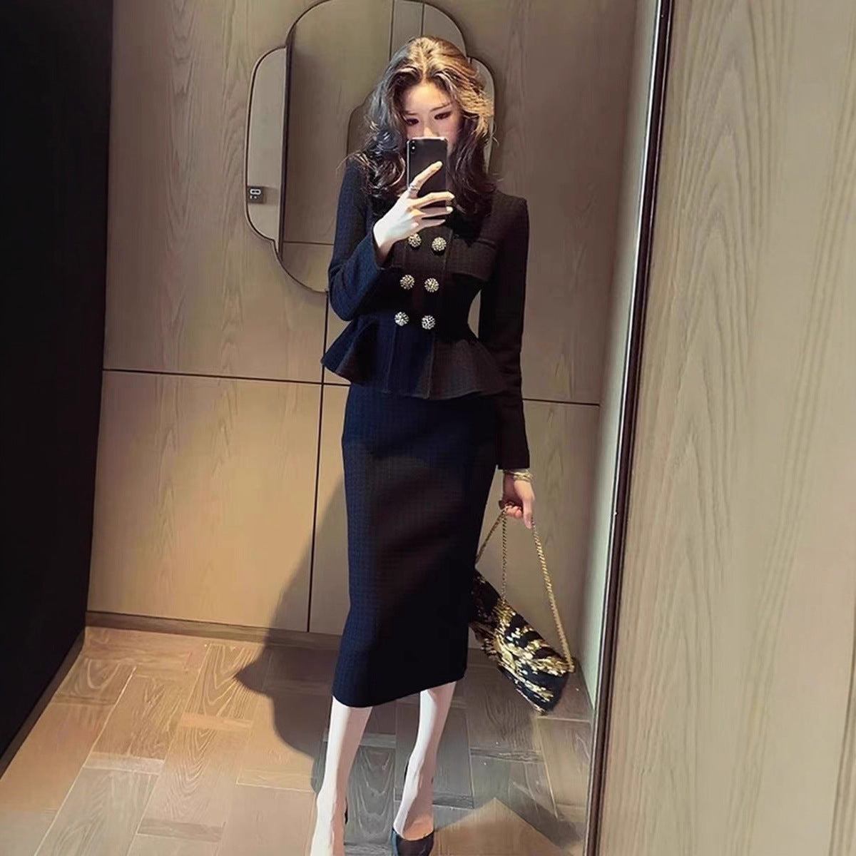 High-fashion Black Coat And Skirt Set