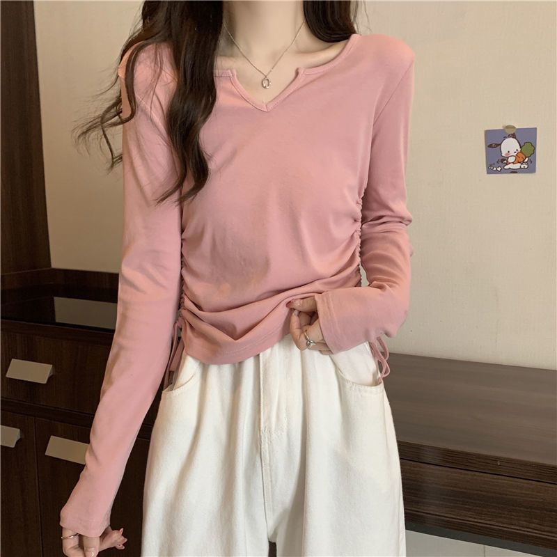 Short Belly Covering Slimming Drawstring V-neck Shoulder T-shirt
