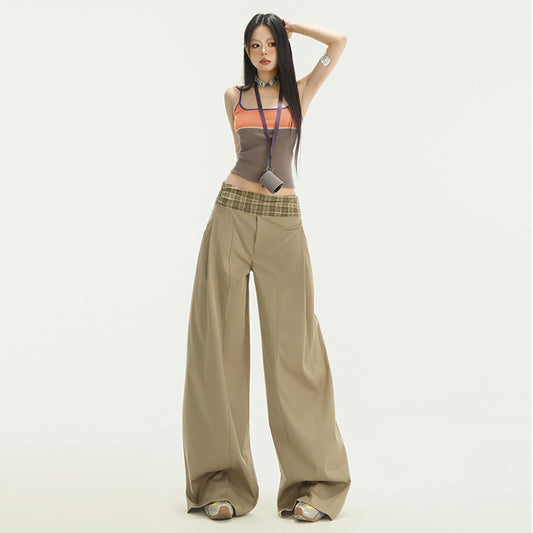 Stitching Waist Head Plaid Casual Pants Loose Wide-leg Pants