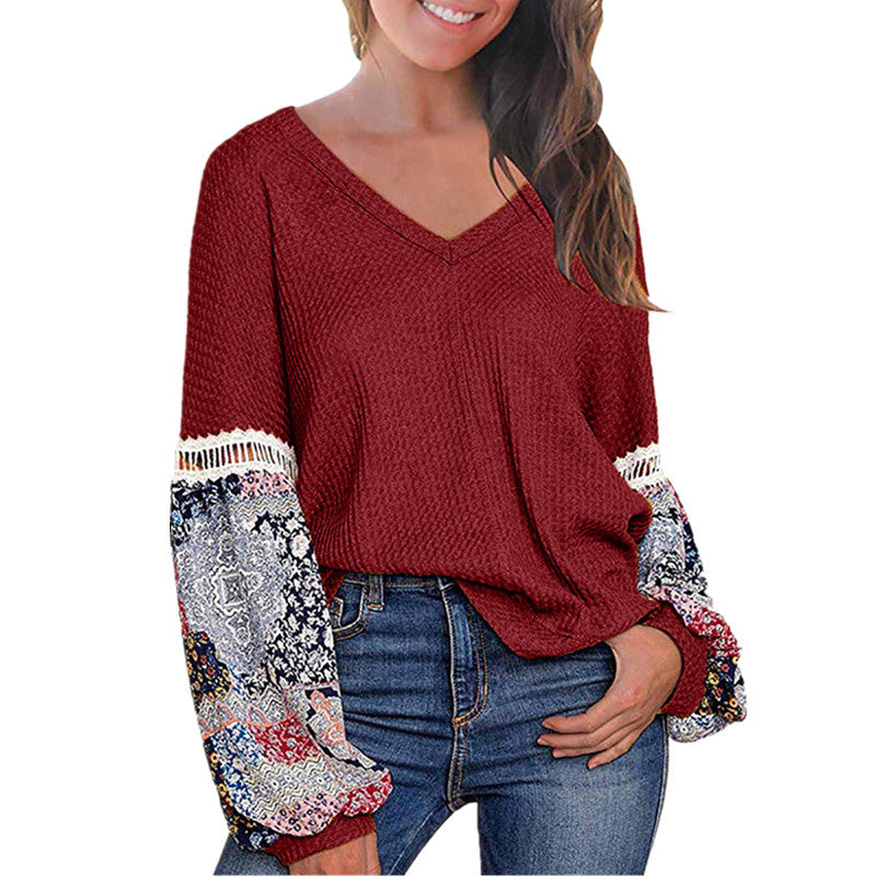 New European And American Autumn And Winter V-neck Waffle Loose Printed Long-sleeved T-shirt