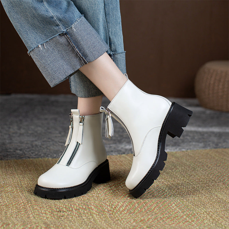 Inside And Outside Full Leather Niche Double Zipper Design Thick-soled Martin Boots