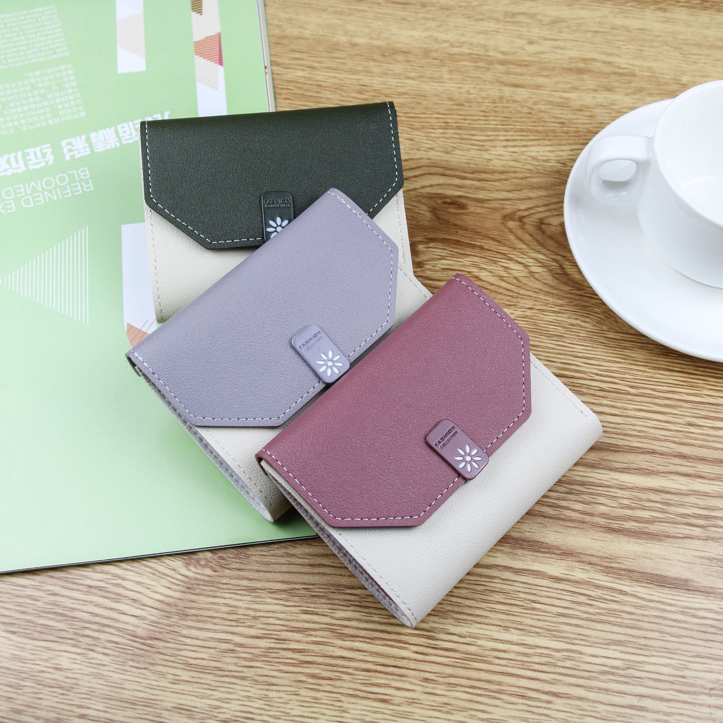 Women's Coin Purse Tri-fold Contrast Color Buckle Short Student Wallet