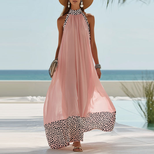 Mesh Contrast-color Halter Maxi Dress Sleeveless Casual Sundress