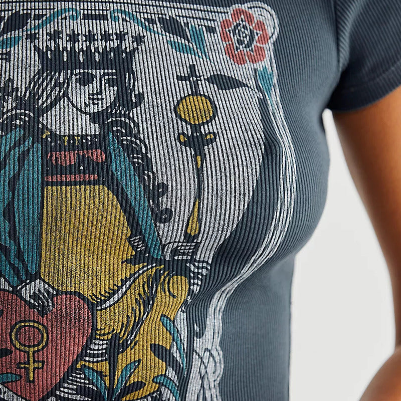 Women's Retro Trendy Poker Print Short T-shirt