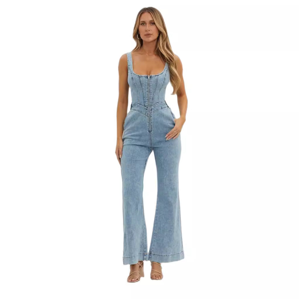 Shoulder Strap Slim Cowboy Siamese Trousers