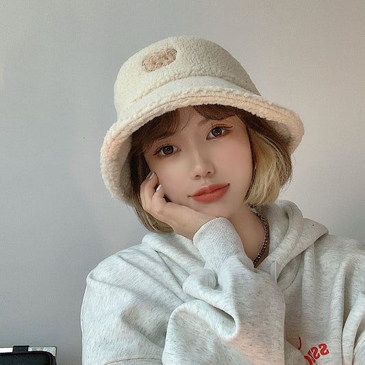 Cute Bear Lamb Hair Fisherman Corduroy Warm Basin Hat