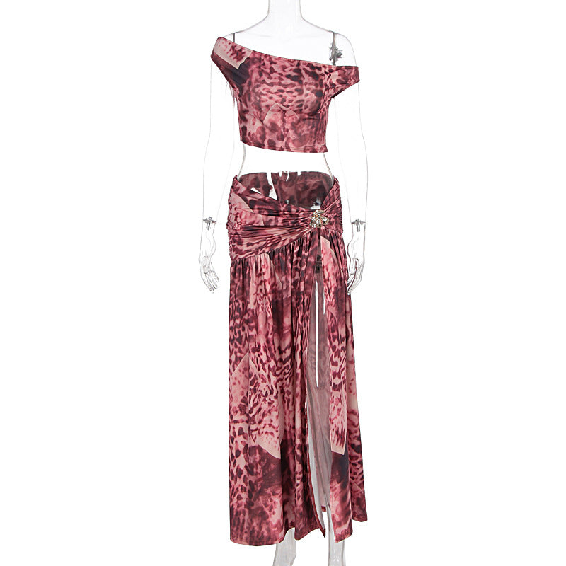 Pure Desire Style Hot Girl Sexy Print Oblique Shoulder Tops Split Skirt Suit