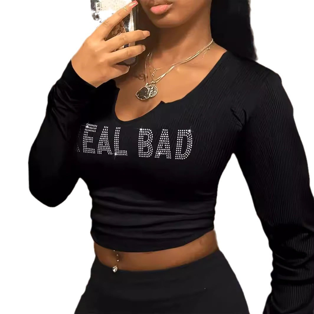 Crop Top Round Neck Long Sleeve Short Women's