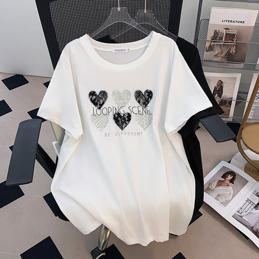 Round Neck New Plus-sized Plus Size Slimming Loose Mid-length Short Sleeve
