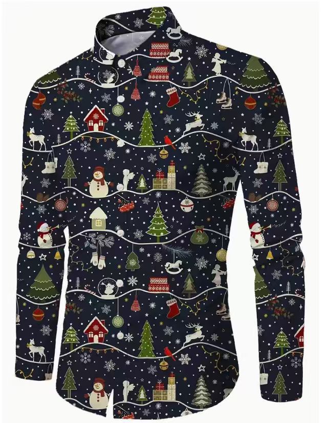 Men's 3D Printed Christmas Long-Sleeve Casual Shirt