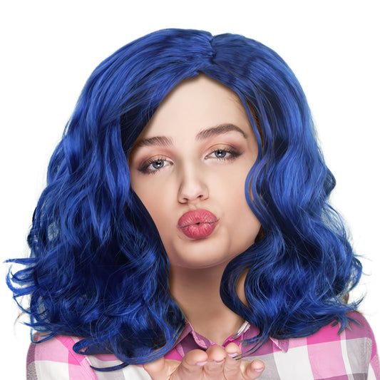 Naturlig vågig peruk, kort vågig blå peruk,Blå Vågig lockig - Värmebeständig hårperuk, Cosplay Party Cosplay Peruk för vardagsbruk Halloween